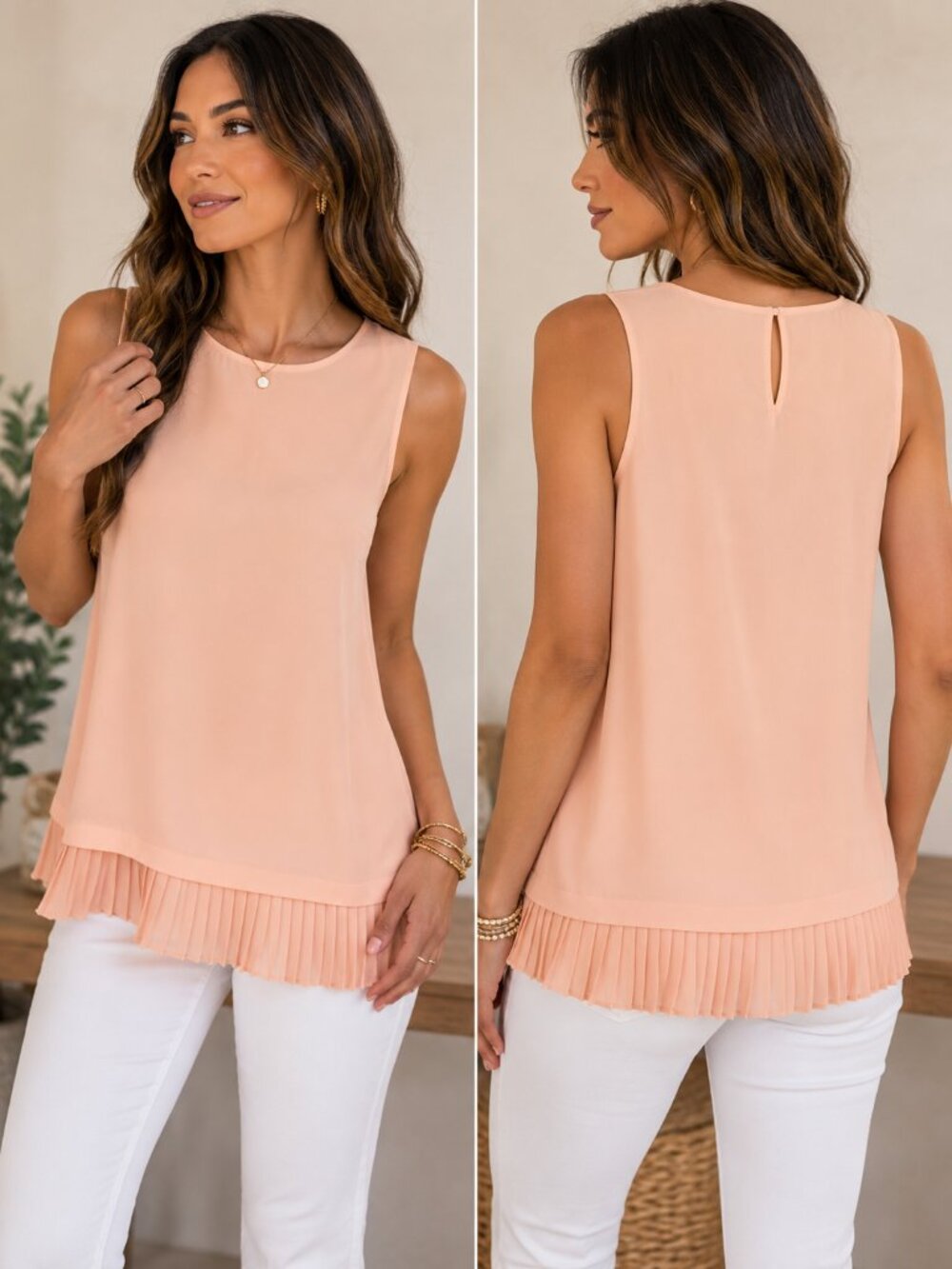 Tommy Hilfiger Women's Blush Peach Sleeveless Pleated Hem Blouse Top Size S